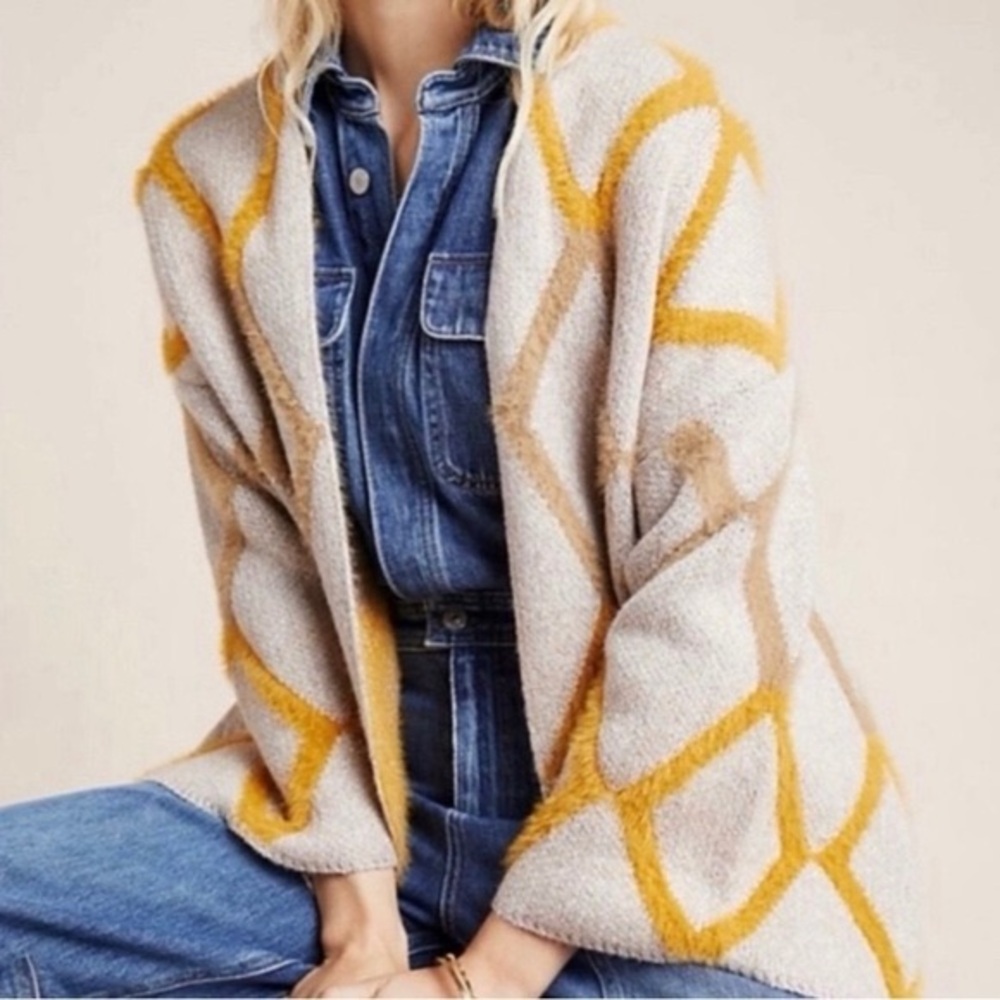 Anthropologie Akemie + Kin Chic Geometric Cardigan - Cream/Tan and Yellow